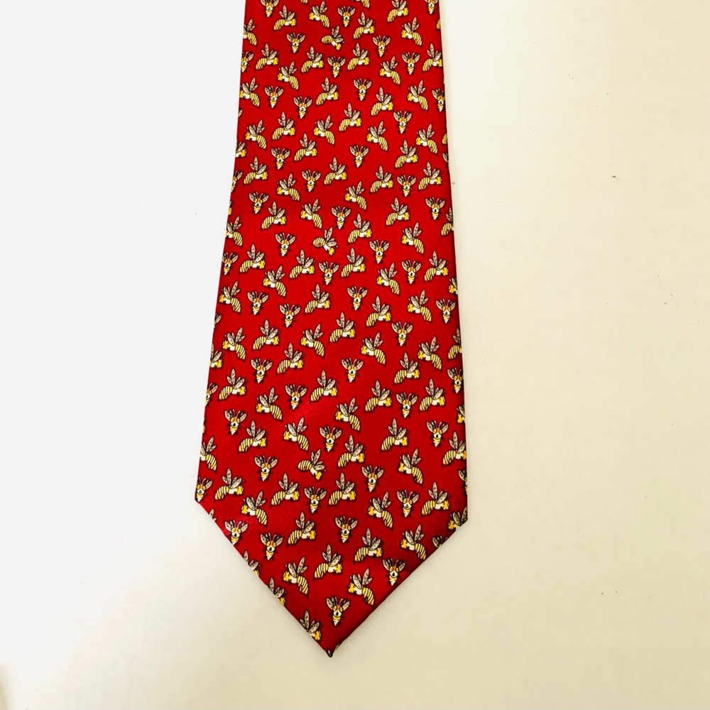 Italian silk red neck tie with beautiful yellow beas pattern handmade vintage